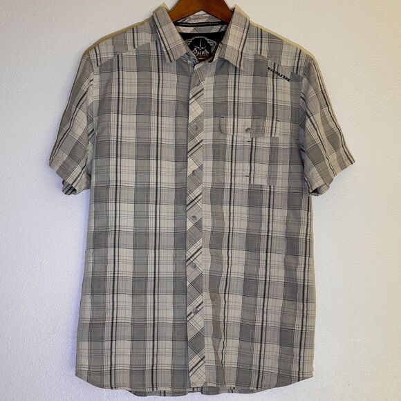 Prana Men's Short Sleeve Shirt L Grey Plaid Button Up Logo Outdoor Hiking - Picture 2 of 9